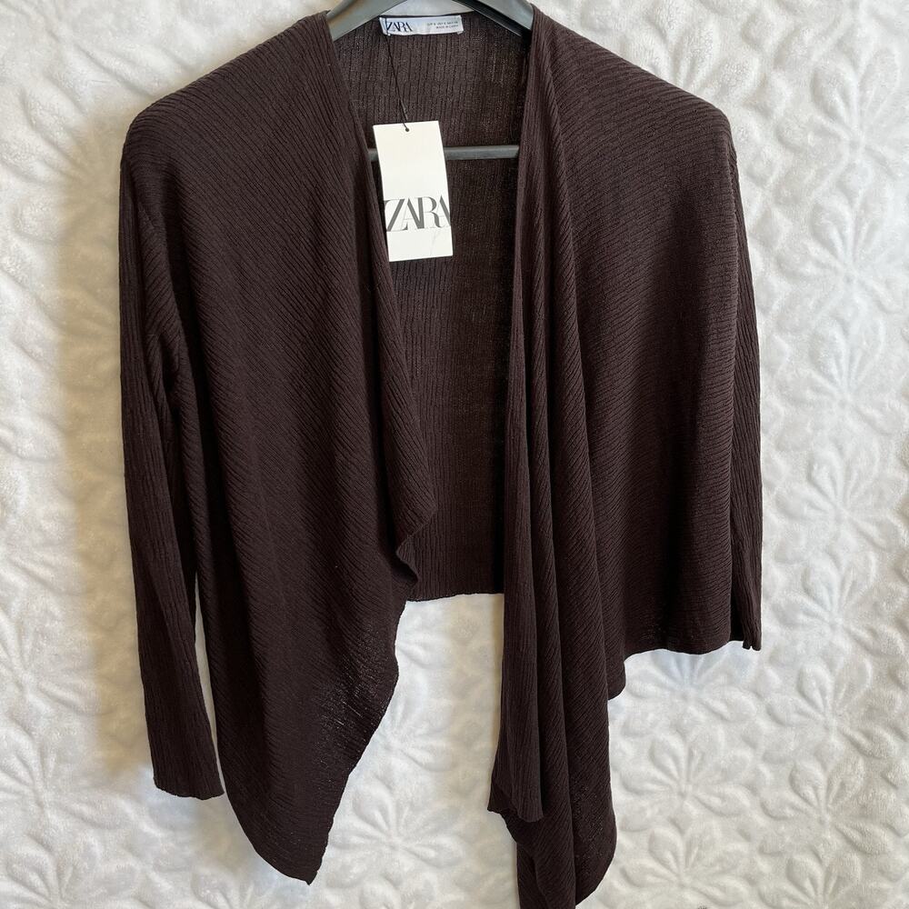 Zara Brown Open Front Asymmetrical Cardigan with Shawl Collar NWT size small